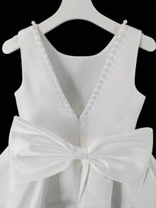 年轻女孩优雅可爱珍珠蝴蝶结露背无袖派对礼服，公主裙，适合生日、婚礼、聚会、舞会 - 白色 - 查看 7