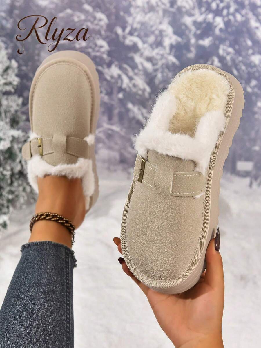 1 par de zapatos de plataforma de tela de unicolor, adecuados para usar en casa en otoño/invierno, zapatos de piel, zapatos tipo mule