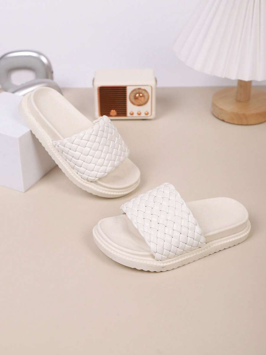 Kids' Fashion Slippers, New Summer Thick Bottom Woven Design Stylish & Comfortable Flat Slides, Unisex - Beige - View 1