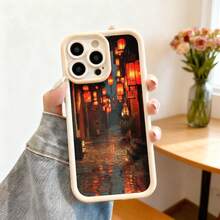 Cubierta de teléfono con borde negro diseño de callejón tradicional con farolillos rojos y reflejos en agua para uso diario y ocasiones especiales - Burdeos - Ver 4