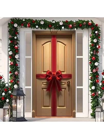 1pc Holiday Polyester Bow Decor Banner, Christmas Festive Door Curtain Flag, Durable Home Entrance Porch Garden Hanging Decor, Carnival Party New Year Decoration, 70.8 X 35.4 Inches