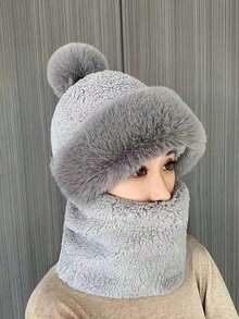 1PC Plush Warm Knit Beanie For Outdoor Cycling Ski Winter Warm Beanie With Pom Solid Color Thickened Plush Neck Gaiter Mask Windproof Hooded Ear Protection Windproof Ski Hat Winter Cycling Balaclava For Women Outdoor