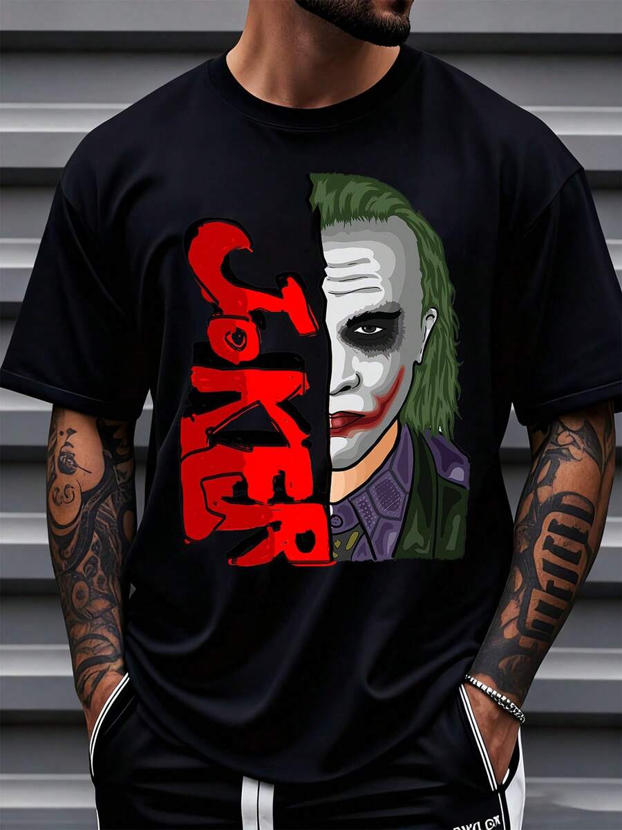 Warner Bros Joker Face Split Design T-Shirt Men's White Graphic Tee Movie Character Fashion Casual Wear Batman Universe Comic Inspired Apparel,220g - 黑色 - 查看 1