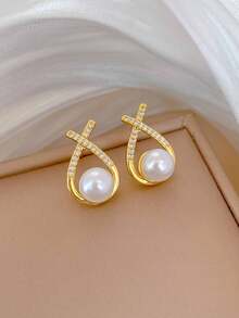 1 Set Stainless Steel Chain Zirconia Water Drop Faux Pearl Pendant Fashion Necklace & Earrings Set, Gift Jewelry - Gold - View 5