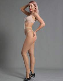 Sexy Glittery Fishnet Stockings + High-Waisted Crystal Sequined Fishnet Tight Pants, Women's Party Pantyhose - Màu be - Xem 5