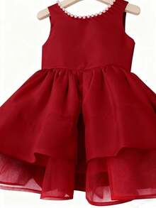 Girls' Elegant Cute Pearl Bow Backless Sleeveless Party Dress, Princess Dress For Birthday Party, Gathering, Prom, Wedding, Flower Girl