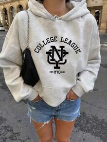 1件女士灰色抽绳连帽卫衣，纽约英文印花休闲宽松长袖街头风卫衣上衣，ins风 - 灰色 - 查看 4
