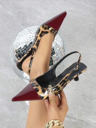 Women's Sexy Leopard Print Patchwork High Heel Pumps, Party Wedding Dress Shoes, 5cm Stiletto Slip-On Sandals