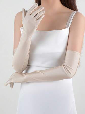 1 Pair, Gray/Khaki Satin Extra-Long Gloves. Elegant Bridal Gloves To Complement Wedding Gowns. Vintage Luxury Bridal Gloves With Sun Protection. Suitable For Formal Banquets And Parties. Classic Romantic Style.