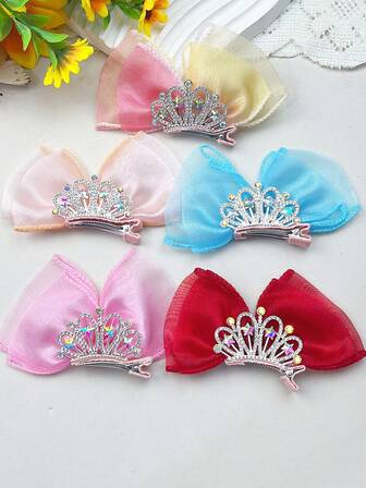 Children's Headwear, Crown & Bow Hairclips, Mesh Princess, Sweet Headpieces For Girls, Hair Clips, Cute Hair Accessories