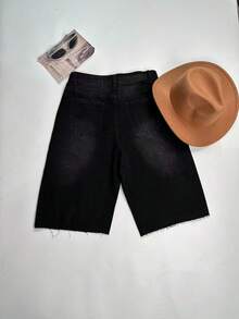 女士休闲牛仔短裤，带串珠口袋和直筒裤型设计，非常适合万圣节派对。 - 黑色 - 查看 4