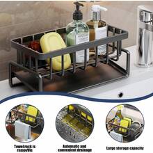 Black Kitchen Sink Sponge Rack With Automatic Drain Tray Kitchen Sink Storage Rack Self-Draining Dish Soap Sponge Holder Countertop-Friendly ABS Plastic - Black - View 6