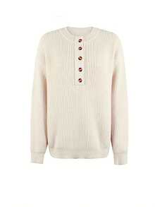 Pink Women's Cozy Sweater With Button Details - Casual Crew Neck, Long Sleeve Pullover For Fall/Winter, Soft & Comfortable Fabric, Fall Winter Apparel | Button Detail Sweater | Construction - Màu be - Xem 4