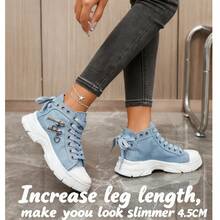 2025新款帆布高帮女鞋，透气厚底休闲运动鞋，蓝色牛仔靴，运动靴