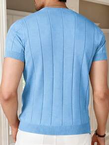 ALTZTAR Men's Thin Solid Color Short Sleeve Knit Vertical Striped Crew Neck Top - Baby Blue - View 3
