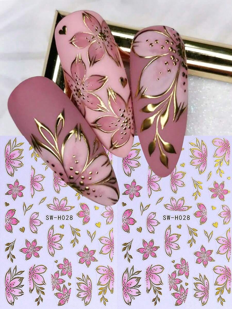 2pcs Pink Floral Nail Art Stickers, Luxury Gold Foil Flower Plant Nail Decals, 3D Self-Adhesive Slider, Women Nail Art Supplies, Spring/Summer Nails - 粉色 - 查看 1