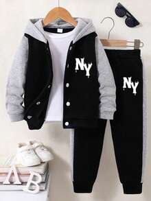 Young Boy Letter Print Contrast Color Long Sleeve Single-Breasted Hooded Jacket And Pants Casual Set - Black - View 2