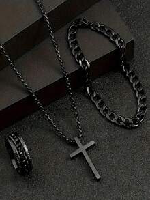 3 件套男士不锈钢项链、手链和戒指套装，朋克风格链 - 彩色 - 查看 6