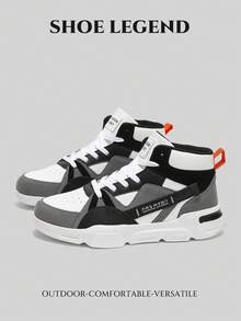 Yamepp Men's New Letter Pattern Bicolor Shoelace Design Contrast Color Lightweight Casual High-Top Skateboarding Shoes, For Jeans Outfit - Black and White - View 10