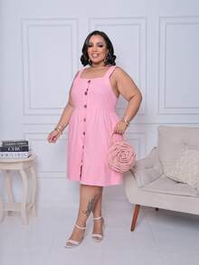 Plus Size Linen Short Dress With Button And Pocket, New Model. - Rosa Pálido - Ver 1