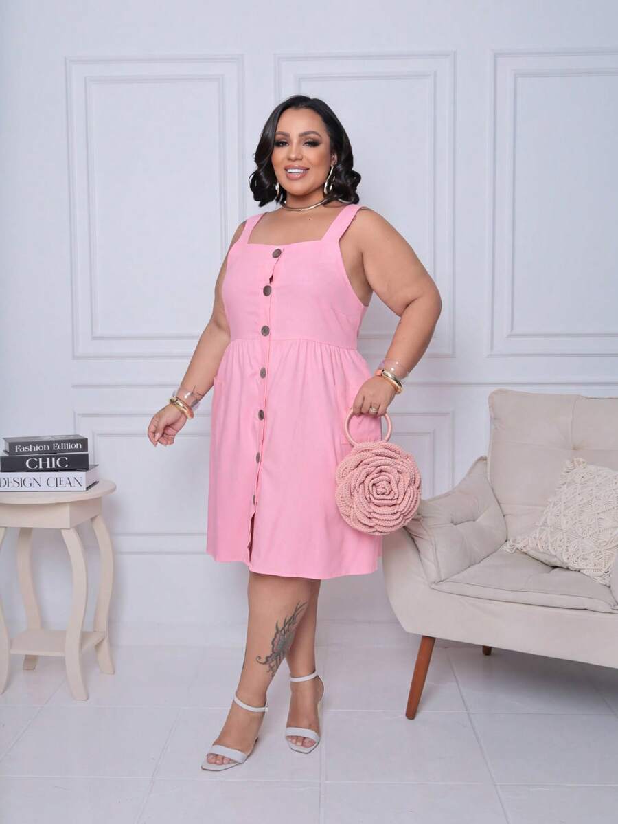 Plus Size Linen Short Dress With Button And Pocket, New Model. - Rosa Pálido - Ver 1