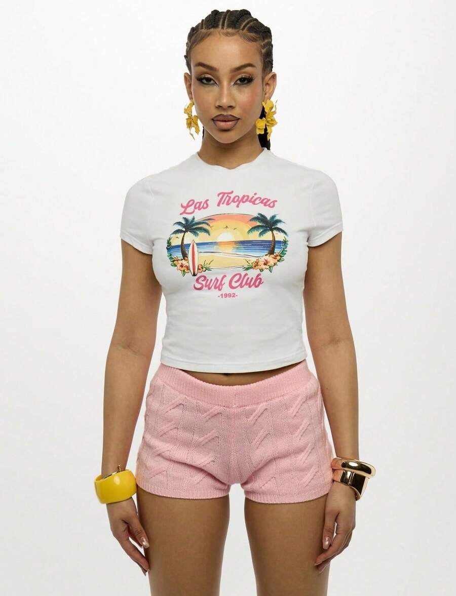 SUMWON WOMEN Los Tropicos Surf Club Baby Tee Crop Top Summer Beach Vacation 1992 Retro Palm Tree Surfboard Print Y2K Fes - 白色 - 查看 1