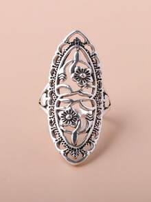 1pc Hollow Flower Design Long Ring, Antique Silver Plated Alloy, Multi-Color Options - White K - View 13