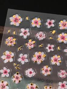 2片装春日粉樱花金色美甲贴纸，5D立体浮雕奢华金箔叶子闪亮复古花卉美甲贴花，DIY婚礼美甲用品 - 彩色 - 查看 6