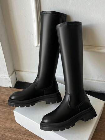 Fall/Winter 2025 New Uniform Boots For Women, Round Toe Thick Heel Mid-Calf Boots With Zipper Back, Waterproof Platform Design, Suitable For All Seasons, Black Mid-Calf Boots For Daily Outdoor Commute, Fashionable Women's Tall Boots