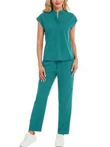 2pcs Set Solid V-Neck Short Sleeve Top And Pants Scrub Set Spring - Cadet Blue - View 5