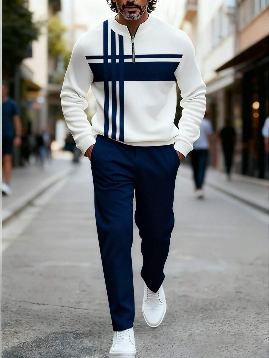 2PCS High-Quality Polyester Men's Long-Sleeved + Long Pants Sportswear Set, 3D Printed Pattern, Anti-Wrinkle And Easy To Care For, Half-Collared Top, European And American Style, Fitness, Outdoor Leisure, Golf, Tennis - 藏蓝色 - 查看 1