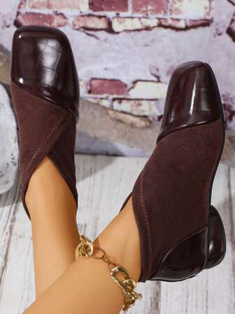 Women's Burgundy Patchwork Ankle Boots, Low Heel Comfortable Vintage British Style, Suitable For Commuting In Autumn/Winter