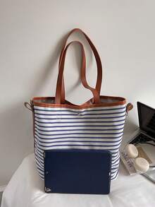 2025秋冬新款韩版大容量托特包，条纹简约通勤单肩包 - 米色 - 查看 3