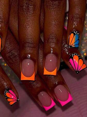 24片彩色大蝴蝶法式短款假指甲，含果冻胶和指甲锉。可重复使用的粘性指甲贴纸，适合派对、婚礼和日常佩戴，是美甲装饰和美甲设计的完美之选，高品质指甲贴片和贴纸。