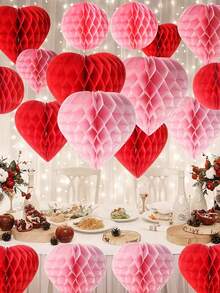8pcs/4pcs Valentine's Day Heart Shaped Paper Honeycomb Balls, Red & Pink Heart Decor, Pink Paper Heart Honeycomb, Heart Ornaments, Romantic Wedding Decor, Valentine's Day, Anniversary Party Decor, Birthday Party Decor - Multicolor - View 11