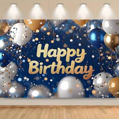 一款蓝色“生日快乐”背景幕布，带有金色细节，适用于婚礼、订婚、生日派对、性别揭晓派对、婴儿派对、新年夜和情人节，采用 2D 平面“生日快乐”背景幕布，是派对装饰的完美之选。
