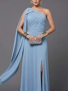 Bridesmaid Dress For Parties, Guests, Receptions, Graduations, Without Glitter, Cape Sleeves, In Flowy Fabric. - serenidad azul - Ver 3