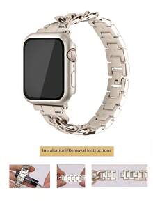 兼容苹果手表表带及保护壳，镂空链条金属表带，星光色表壳，带屏幕保护膜，防尘、防震、防刮擦，适用于 Ultra 3/2/1 SE/S10/S9/S8/S7/S6/S5/S4/S3/S2/S1 等型号，金色，送给男友的礼物，时尚优雅，适合年轻女士，表带尺寸：38mm/40mm/41mm/42mm/44mm/45mm/46mm/49mm，全球畅销新款男女通用表带