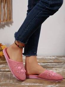 1 Pair Handmade Beaded Floral Retro Round Toe Slippers For Women, Comfortable Lightweight Indoor Slippers, Available In Black, Pink, And Multiple Colors, Plus Size - Watermelon Pink - View 7