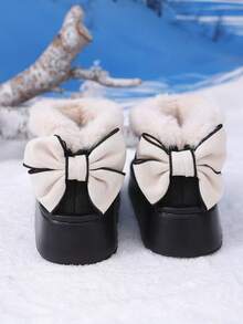 1 Pair Teens' EVA Thermal-Lined Bow Design Anti-Slip Thick Sole Casual Flat Shoes, Suitable For Autumn/Winter - Black - View 8