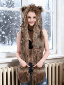 三合一毛绒连帽围巾，可爱动物爪手套带口袋，柔软护耳帽，适合狼、熊角色扮演，猫耳仿毛皮帽，冬季必备 - 彩色 - 查看 2