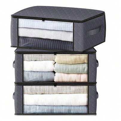 3个装可折叠收纳袋，带透明窗口和坚固手柄，适用于衣柜、宿舍、枕头、床上用品、衣服、毯子，35升，灰色