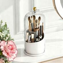 1 PieceOval White Makeup Brush Holder With Lid: 360° Rotating, Waterproof & Dustproof Makeup Tool Storage Box – Portable For Home, Travel & Bathroom Vanity - Trắng - Xem 1