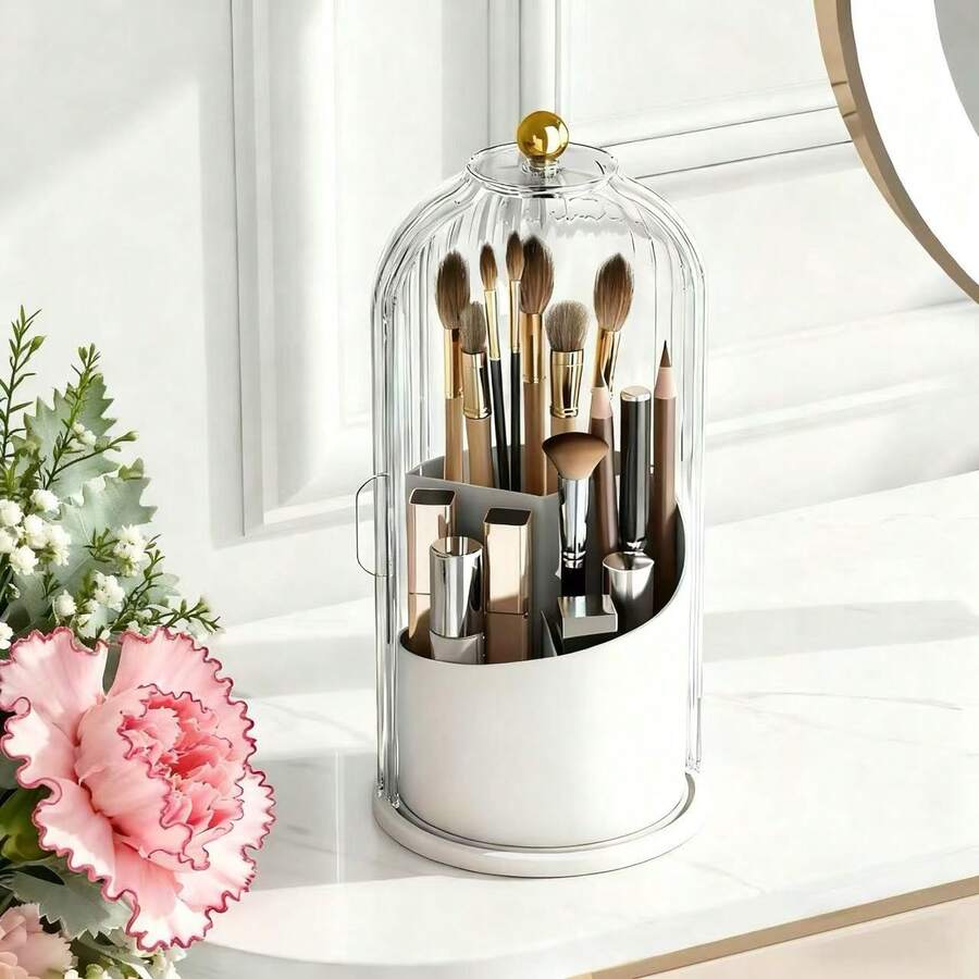 1 PieceOval White Makeup Brush Holder With Lid: 360° Rotating, Waterproof & Dustproof Makeup Tool Storage Box – Portable For Home, Travel & Bathroom Vanity - Trắng - Xem 1