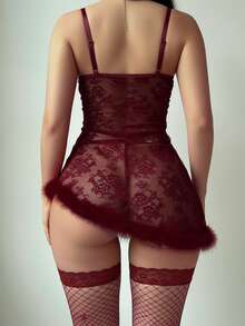 Women's Lace Lingerie Set Sleeveless Chain Strap Fur Trim Chemise And Thongs Stockings Exotic Nightwear - 紅色 - 查看 8