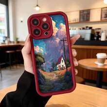Cubierta de teléfono con borde negro diseño paisaje rural con casa y cielo nublado para uso diario en cafeterías y espacios exteriores Aplicable a los teléfonos de la serie Apple y Galaxy - Negro - Ver 5
