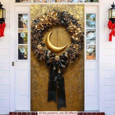 2D Polyester Ramadan Door Banner 1pc Elegant Wreath With Golden Moon, Black - Gold Flowers And A Shiny Bow Eid Al-Fitr Photo Props And Supplies, Suitable For Muslim Ramadan And Eid Al-Adha Celebrations, Islamic-Themed Holiday Decorations