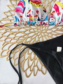 2026 New Colorblock Bikini Swimsuit, Sexy Strap Separates Set, Women's Floral Print Bohemian Backless Tie Swimwear For Beach Vacation - Black - View 5