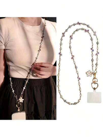 1 件优雅珍珠水晶手机挂绳，长颈挂手机链，时尚斜跨防丢女手机带，适合户外旅行和日常使用，樱花吊坠