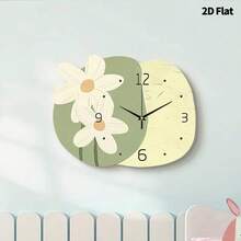 2D平面挂钟，单件装，米色、绿色和棕色背景，白色花卉装饰，静音挂钟，超静音石英机芯，无滴答声，适用于客厅、卧室、厨房、宿舍、办公室、教室装饰，是馈赠佳品和节日墙饰。 - 彩色 - 查看 6